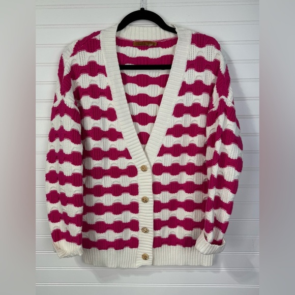 Belldini Sweaters - Belldini women’s pink and white striped gold button chunky knit cardigan. Size S